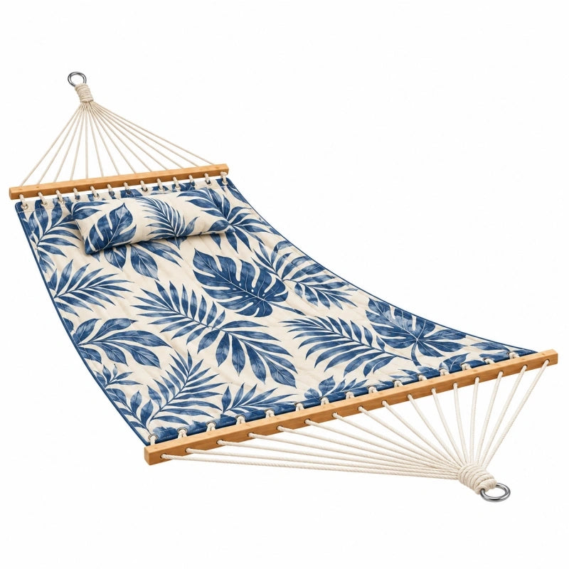 Hängematte 200 x 100 cm aus Textilgewebe in Beige Blau mit Holzspreizstäben für Garten und Balkon
