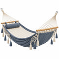 Stabhängematte 200 x 80 cm aus Baumwolle Blau Creme mit Holzspreizstäben Boho