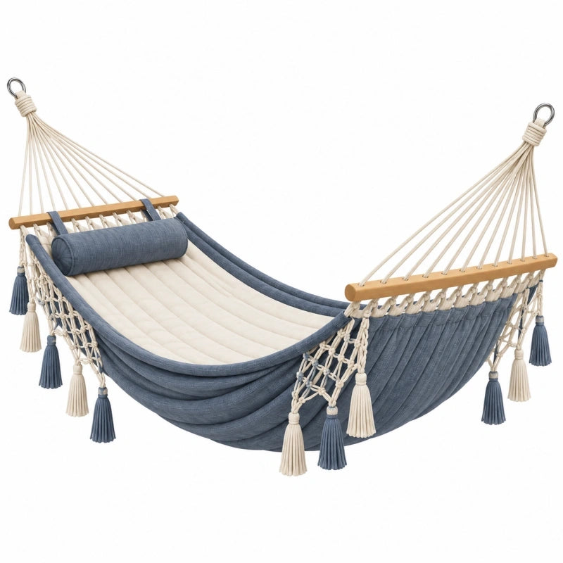 Stabhängematte 200 x 80 cm aus Baumwolle Blau Creme mit Holzspreizstäben Boho