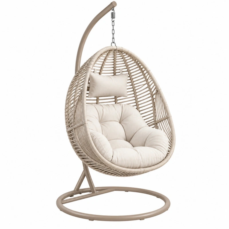 Hängesessel 105 x 105 x 195 cm aus Kunststoffgeflecht in Beige mit Metallgestell freistehend