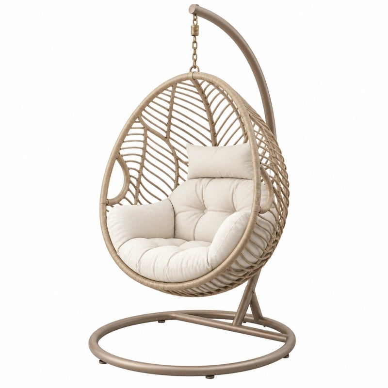 Hängesessel 105 x 105 x 195 cm aus Kunstgeflecht in Beige mit Metallgestell für Innenbereiche