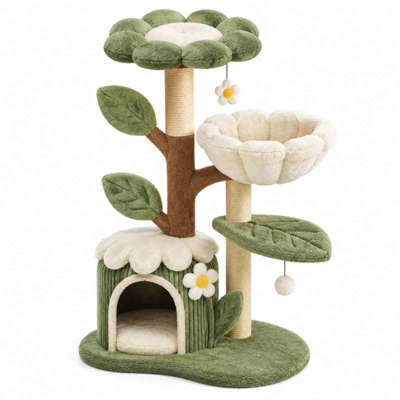 Katzenkratzbaum 60 x 60 x 135 cm Plüsch Sisal Grün Creme mit Höhle Liegekorb und Spielzeug