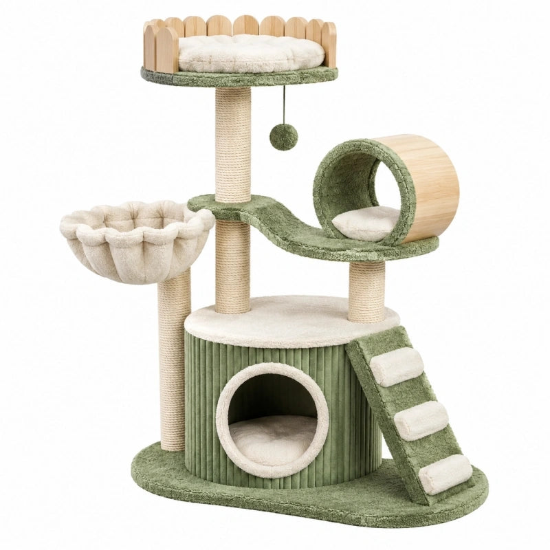 Kratzbaum 60 x 50 x 133 cm aus Holz Sisal und Plüsch in Grün Beige - Kletter- und Ruheplatz
