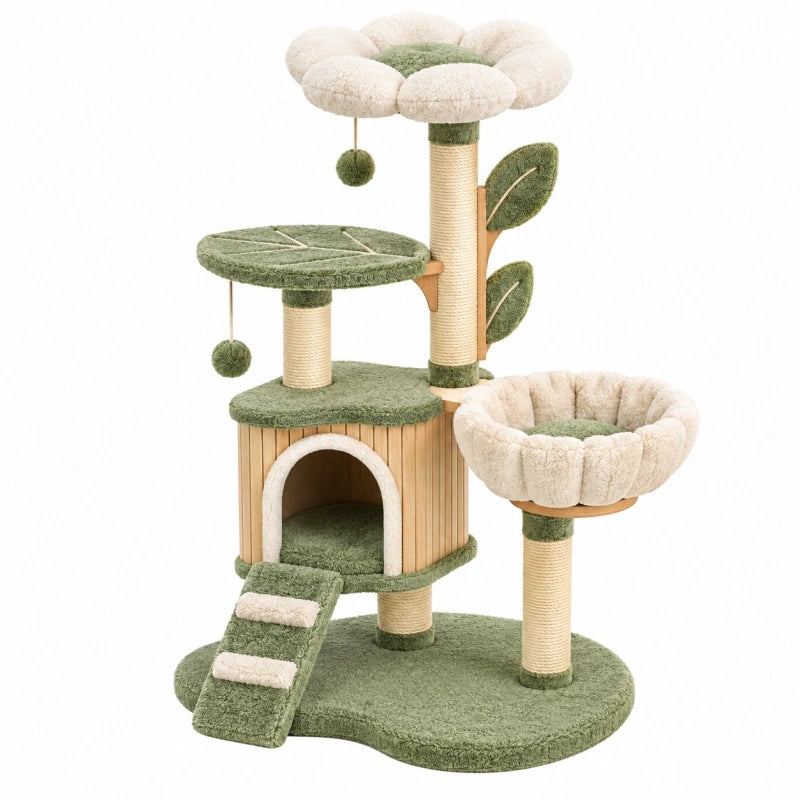 Kratzbaum 60 x 50 x 120 cm Grün Creme mit Sisalstämmen Höhle und Liegeflächen