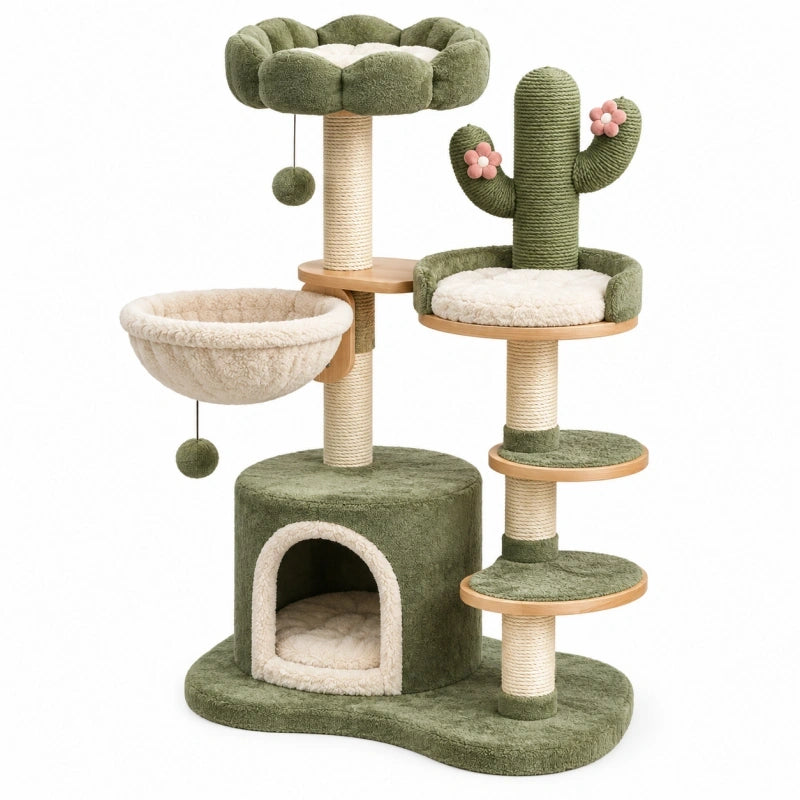 Katzenkratzbaum 60 x 50 x 120 cm Grün Beige mit Sisal und Plüsch - Kaktusstil Kletter- und Schlafmöbel