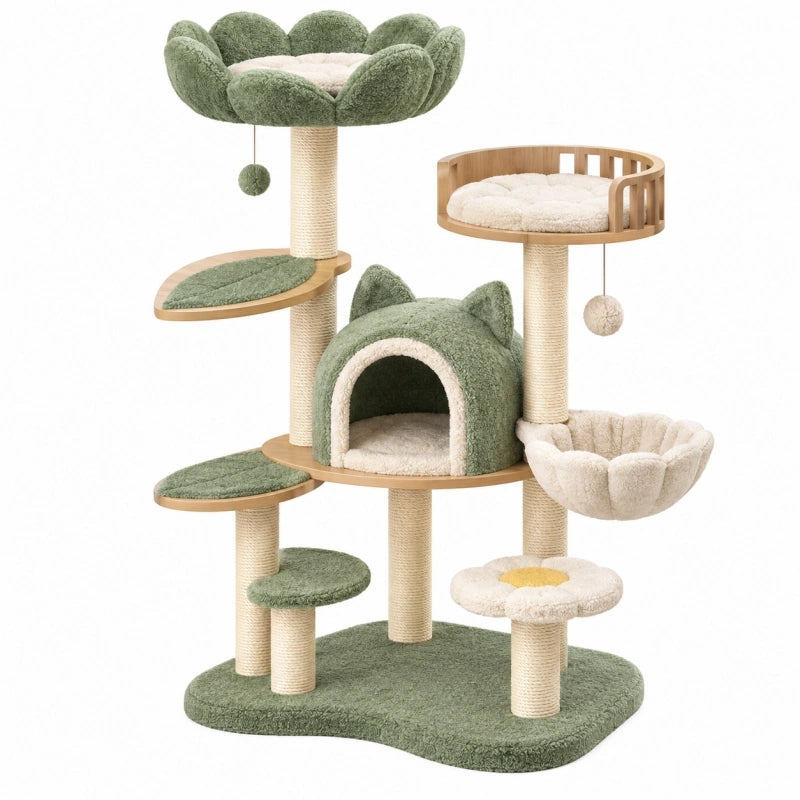 Kratzbaum 60 x 60 x 140 cm aus Holz Sisal und Plüsch Grün Beige mit Katzenhöhle und Liegeflächen