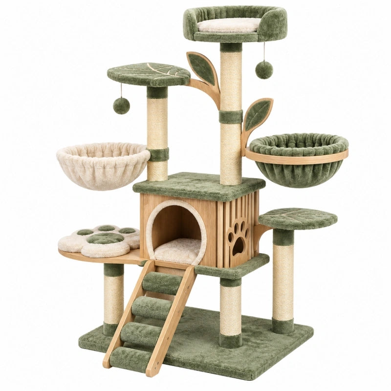 Kratzbaum 60 x 50 x 160 cm Grün Beige mit Holz Sisal und Plüsch für Katzen