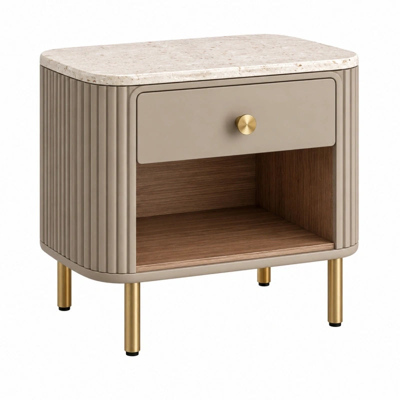 Nachttisch 50 x 40 x 55 cm Beige Braun Gold mit Steinplatte Schublade und offenem Fach