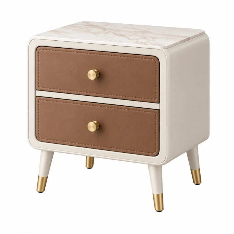 Nachttisch 50 x 40 x 55 cm in Creme Braun mit Kunstleder und Marmoroptik - 2 Schubladen