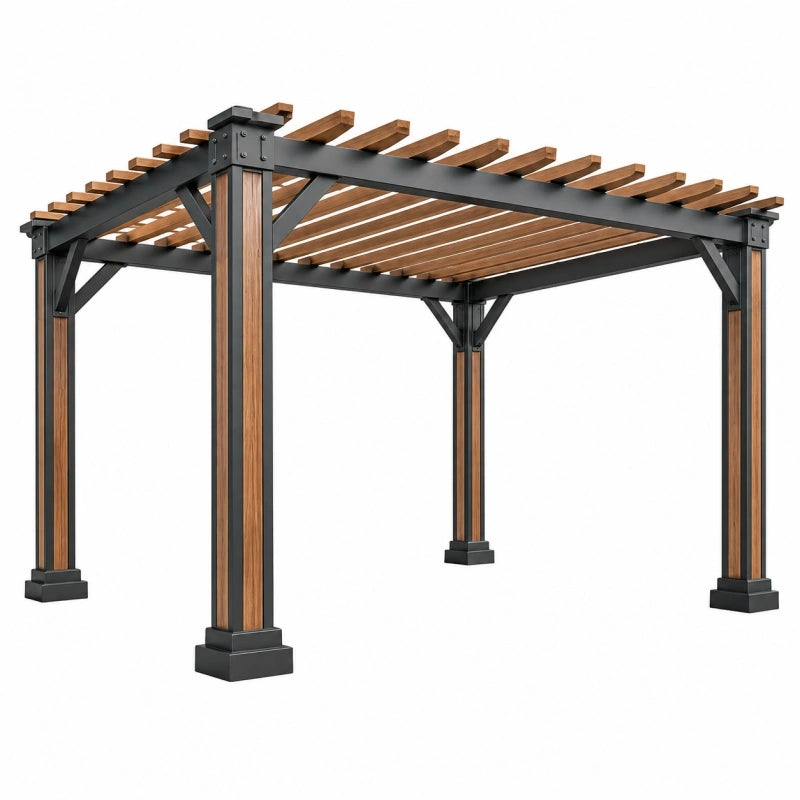 Pergola 300 x 300 cm Stahl Holz Braun Schwarz mit Latten Dach für Garten