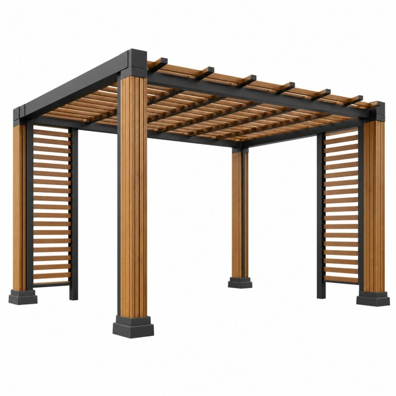 Pergola 300 x 300 x 230 cm aus Holz und Metall Braun Schwarz mit Lattenüberdachung für den Garten