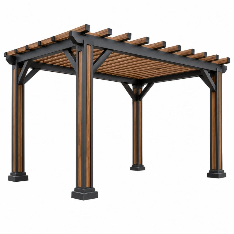 Gartenpergola 300 x 300 x 250 cm Metall Holz Braun Schwarz - offene Lamellenüberdachung