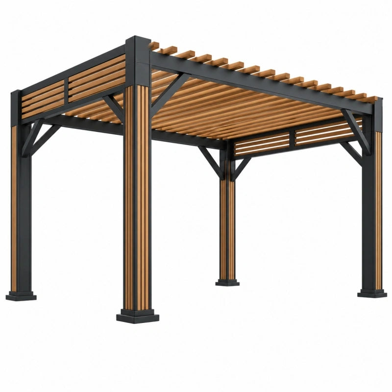Pergola 300 x 300 x 230 cm aus Stahl und Holz in Schwarz Braun mit Lamellendach für Garten