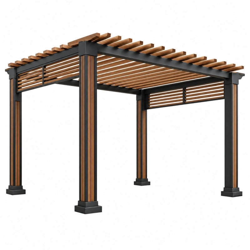 Pergola 300 x 300 x 240 cm aus Metall und Holz in Schwarz Braun mit Lamellendach