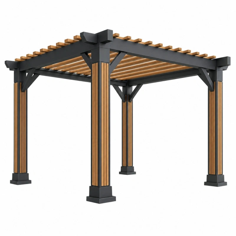 Gartenpergola 300 x 300 x 250 cm aus Metall und Holz in Schwarz/Natur mit offenem Lamellendach