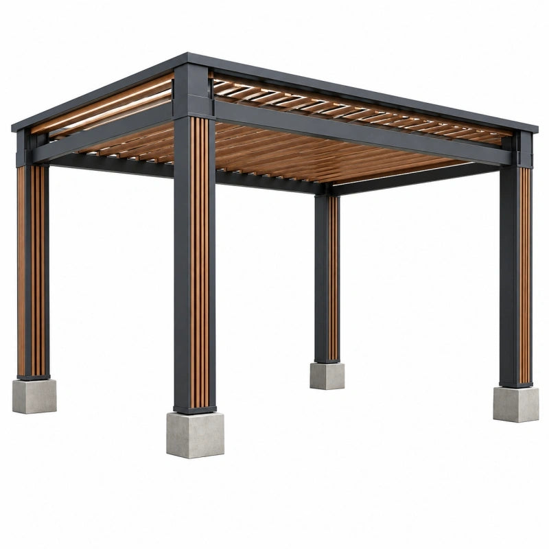 Pergola 300 x 300 x 240 cm aus Stahl und Holz in Schwarz Braun mit offenem Lamellendach
